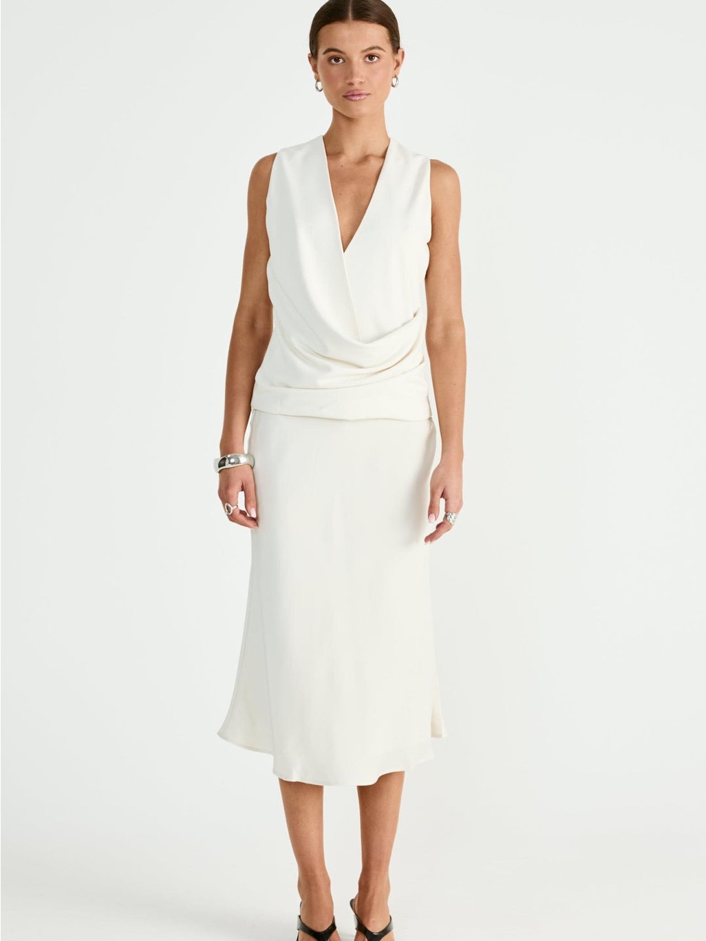 Charcoal Cream Drape Front Sleeveless Blouse